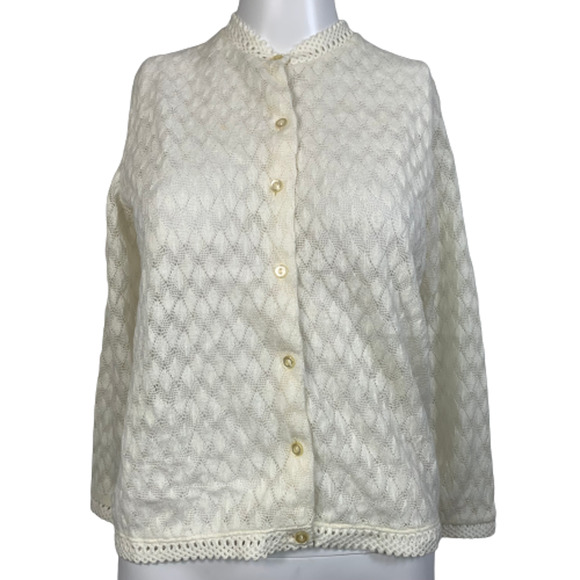 VTG Eileen Cardigan Womens Sz XS Ivory Lightweight Crochet Sweater - Picture 1 of 9